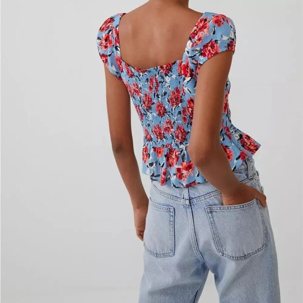 Zara Smocked Back Floral Cropped Top Red‎ & Blue Size Small - Picture 2 of 11